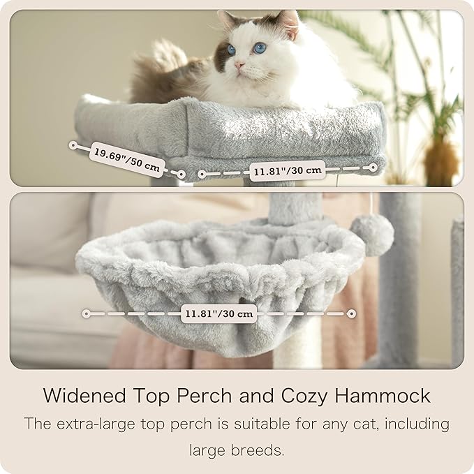 Ouritsu Cat Tree, 35 inch Cat Tower for Large Cat Indoor, 1 Widened Top Perch, 2 Enlarged Condos, Fluffy Basket, Scratching Posts and Ramp, Light Gray, MF001GA