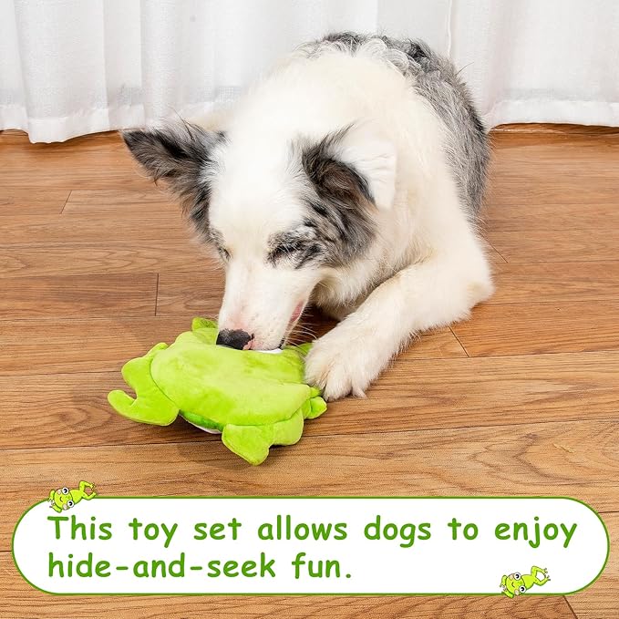 Hollypet Squeaky Dog Toy, Interactive Plush Hide and Seek Dog Toys for Small Medium Sized Dogs and Non-Aggressive Chewers, Puppy Teeth Clean Chew Toys, Frog