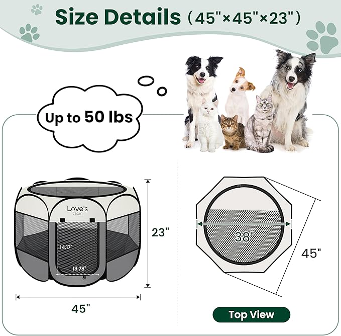 Love's cabin Pet Puppy Dog Playpen, Large Dog Tent Crates Cage Indoor/Outdoor, Portable Playpen for Cat, Foldable Pop Up Dog Kennel Playpen with Carring Case, Removable Zipper Top, Grey