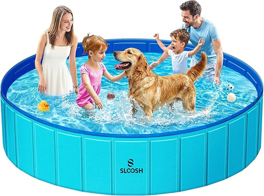 SLOOSH Foldable Dog Kiddie Pool - Portable Hard Plastic Doggie Swimming Pool, Anti-Slip Collapsible Pets Bath Tub Suitable for Kids Toddler Indoor Outdoor Backyard Use (Blue, 71" x 12")