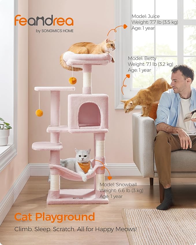 Feandrea Cat Tree, 44.1-Inch Cat Tower for Indoor Cats, Multi-Level Cat Condo with 4 Scratching Posts, 2 Perches, Hammock, Cave, Jelly Pink UPCT261P01