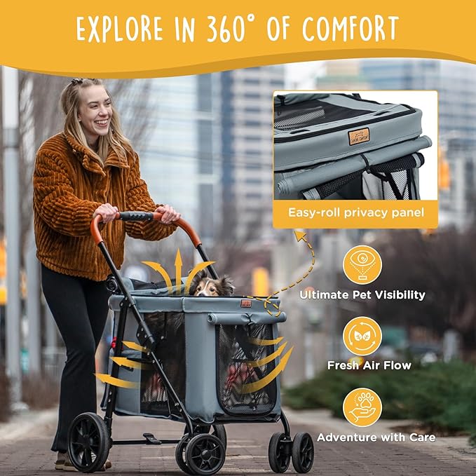 Scout Pet Stroller, 4-Wheel Design for Small/Medium Dogs - One-Button Fold, Adjustable Mesh Windows & Shades, 360° Swivel Front Wheels, Rear Wheel Brake for Safety, Grey