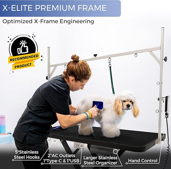 Professional Super Low-Step Electric Dog Grooming Table 49.2", Heavy Duty, Anti-Slip Tabletop, Height Adjustable Dog Table with Lockable Casters, Stainless Grooming Overhead Arm, Dog Grooming Station