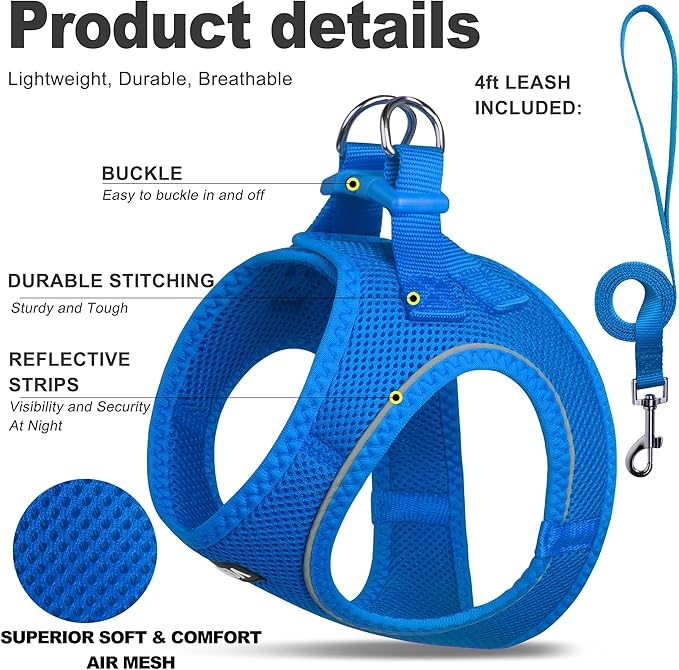 Fida Comfy Dog Harness with Leash, Cat Vest Harness Escape Proof, Breathable Lightweight Soft Mesh, Adjustable Reflective Step-in Harness for Puppy Toy Breeds & Extra-Small Pet (XXS, Blue)