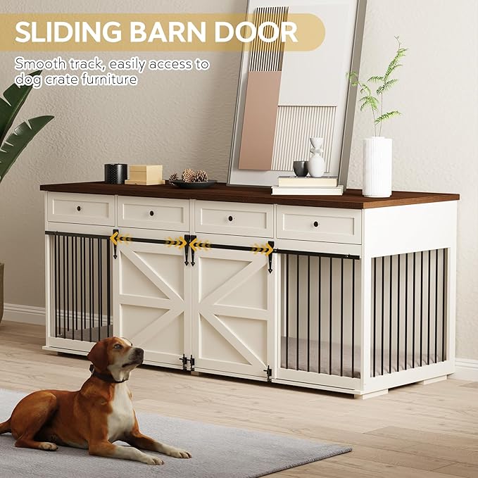 Dog Crate Furniture - Indoor Wooden Dog Kennel Furniture with 4 Drawers & 2 Sliding Barn Doors - for Small Medium Large Dogs - 83" Lx31.5 Wx35.6 H, White