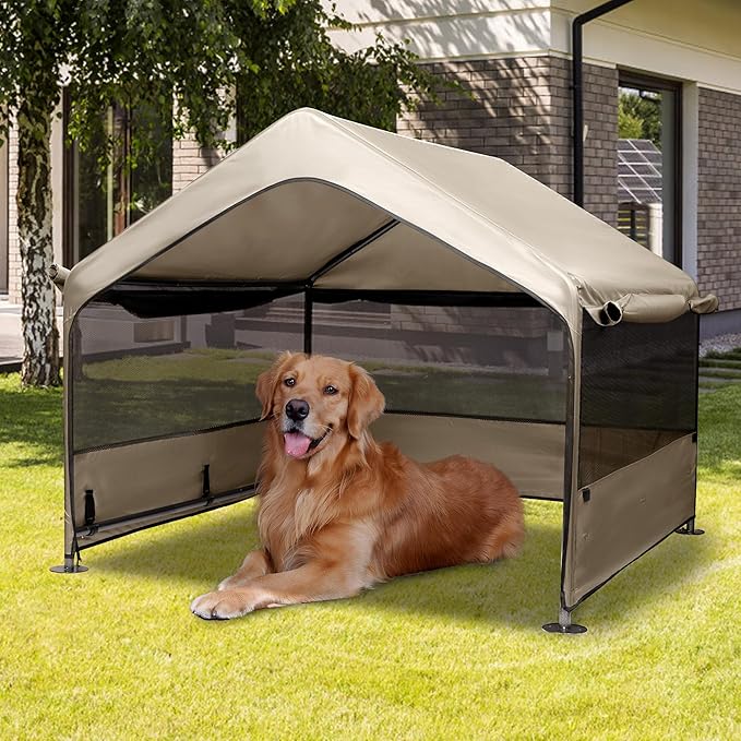 Summertrail Extra Large Dog House Outside, Dog Tent Outdoor, Big Dog Shade Shelter Doghouse Canopy with Three-Sided Mesh Windows, Sun Rain Cover for Pet Cat Livestock 4'x 4'x 3.3' Khaki