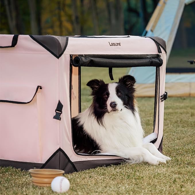 Lesure Collapsible Dog Crate - Portable Travel Kennel for Extra Large Dog, 4-Door Pet Crate with Mesh Windows, Indoor & Outdoor, Pink