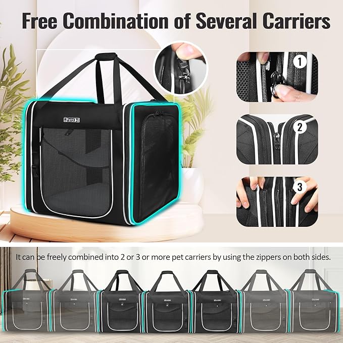 Petskd Combinable Pet Carrier for Large Cat or Medium Dog, 18"x17"x17" Large Cat Carrier for Car Travel, 2 Small Pet Soft Carriers with Food Bag, Bowl and Safety Locking Zippers for Vet, Camping