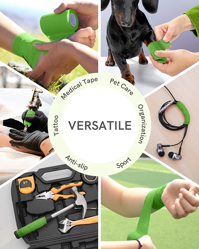 FriCARE Self Adhesive Bandage Wrap, Medical Tape in First Aid Kit, Cohesive Bandages for Wounds Sport Vet, 2 Inches X 5 Yards 6 Rolls, Emerald Green