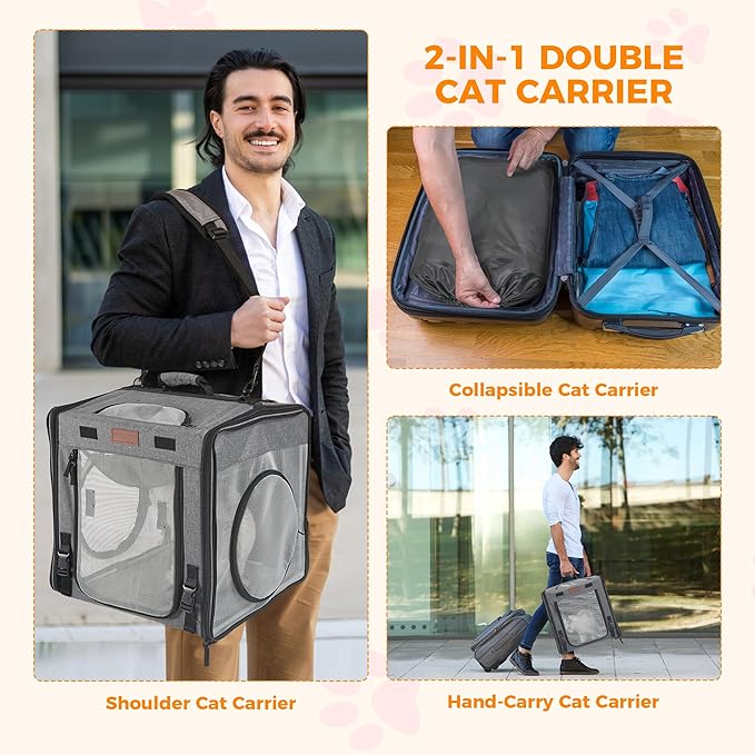 PETUX 2-in-1 Double Cat Carrier for Multiple Cats - 34"x17"x17", Portable, Foldable, Large Cat Travel Carrier with Litter Box, Play Tunnels and Hammock for Car Travel ＆ Vet Visit - Grey