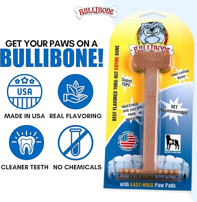 Bullibone Nylon Dog Chew Toy Nylon Bone - Improves Dental Hygiene, Easy to Grip Bottom, and Permeated with Flavor (Beef, Large - Single)