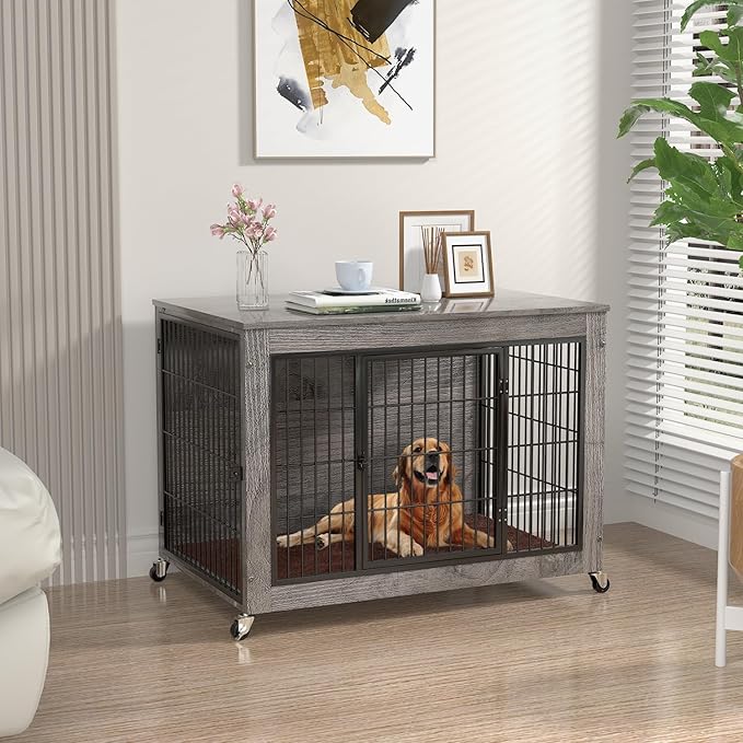 Dog Crate Furniture with Cushion,38" Wooden Dog Crate nightstand with Double Doors, Grey Kennel Indoor with Wheels, Decorative Pet House for Medium Large Dog
