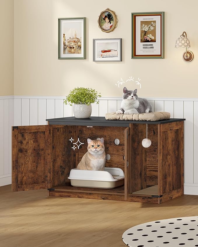 Cat Litter Box Enclosure, Hidden Litter Box Cabinet Furniture with Bell, Indoor Cats House, Farmhouse Style, 39.4 x 21.7X 24.8 Inches for Hallway, Bedroom, Rustic and Black CB85201X