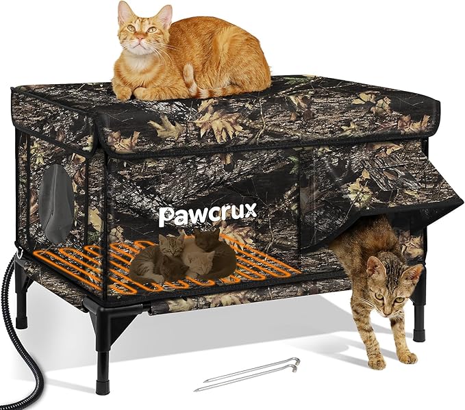 Weatherproof Heated Cat House for Outdoor in Winter, Heated Cat Bed Kitty Shelter with Cat Heating Pad, Insulated & Safe Escape Door, Warm House for Outside Stray Cat(Leaf Color, 17.7"x25.5"x17.9")