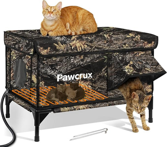 Weatherproof Heated Cat House for Outdoor in Winter, Heated Cat Bed Kitty Shelter with Cat Heating Pad, Insulated & Safe Escape Door, Warm House for Outside Stray Cat(Leaf Color, 17.7"x25.5"x17.9")