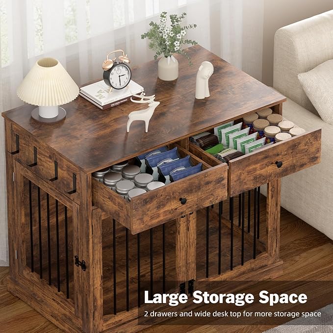 40'' Wooden Dog Crate Furniture–Farmhouse Dog Kenel-Multi Purpose Pet House with Double Doors, 2 Drawers, for Small, Medium & Large Dogs–Rustic Brown Finish