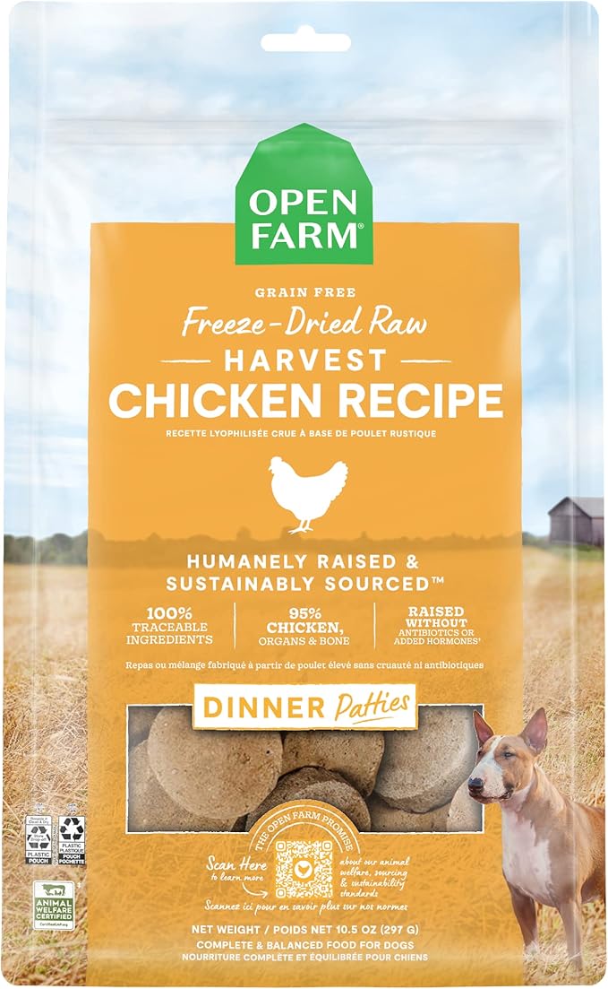 Open Farm, Freeze Dried Raw Dog Food, Patties with 95% Meat, Organs & Bone, Complete Meal or Freeze Dried Dog Food Mixer, Chicken Recipe, 17.5oz Bag