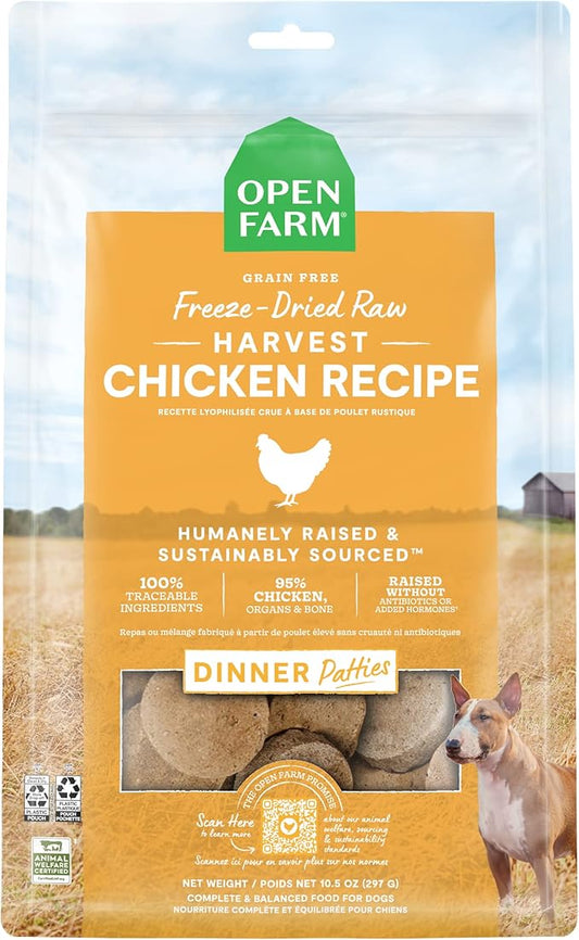 Open Farm, Freeze Dried Raw Dog Food, Patties with 95% Meat, Organs & Bone, Complete Meal or Freeze Dried Dog Food Mixer, Chicken Recipe, 17.5oz Bag
