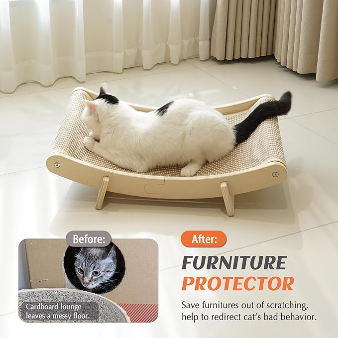 PETKARAY Inclined Sisal Cat Scratcher Bed, Curved Wooden Cat Hammock Chair, Large Scratch Pad for Indoor Cats, Cozy Cat Furniture Lounge, 24x14.5x8 inches