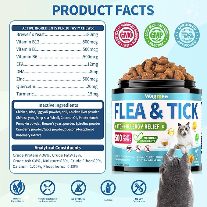 Natural Cat Flea Treatment Chewables – 500 Crunchy & Creamy Tasty Chews, Flea and Tick Prevention for Cats with Skin & Coat Support, Oral Flea & Tick Supplement & Allergy Relief for Cats, Chicken