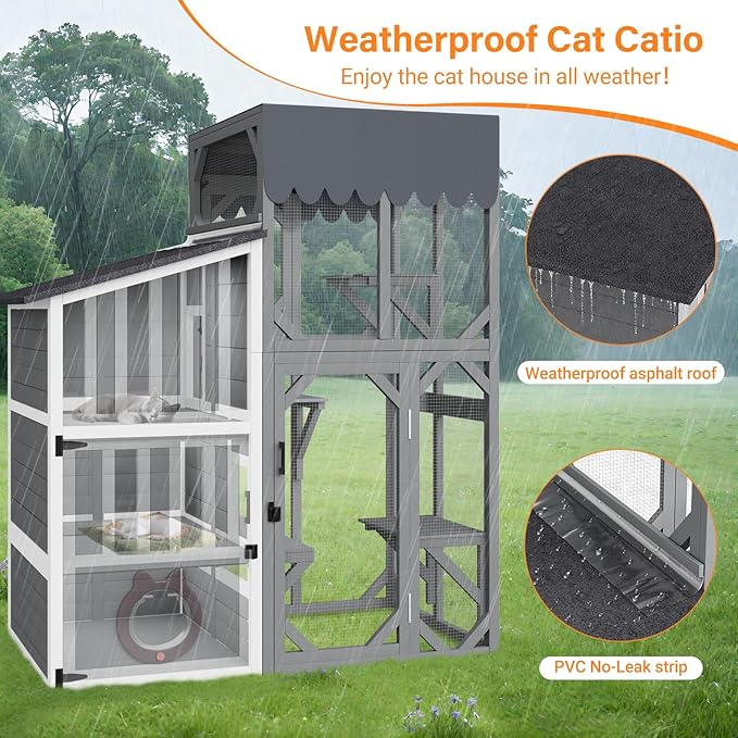 3 Tiers Catio 69" H Outdoor Cat Enclosures, Large Cat House Feral Cats Shelter with Weathproof Roof, Window Access, Unique Adjustable Two-Way Access Hole Design for Cats Outside and Inside