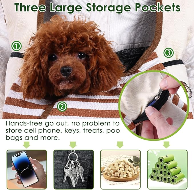 NATUYA Dog Sling Carrier Puppy Carrier, Adjustable Pet Front Sling Carrier Travel Bag with Bottom Pad, Pet Carrier for Small Dog Cat Puppy Traveling Hiking Camping (Khaki, 3-8 lb)