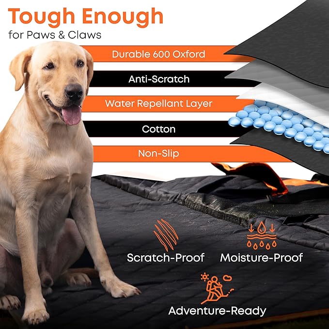 ASHLEY MADDEN Heavy Duty Dog Seat Cover for Trucks - Hard Bottom Back Seat Extender – 100% Waterproof, Nonslip Hammock with Mesh Window & Storage – Fits Cars, SUVs & Trucks
