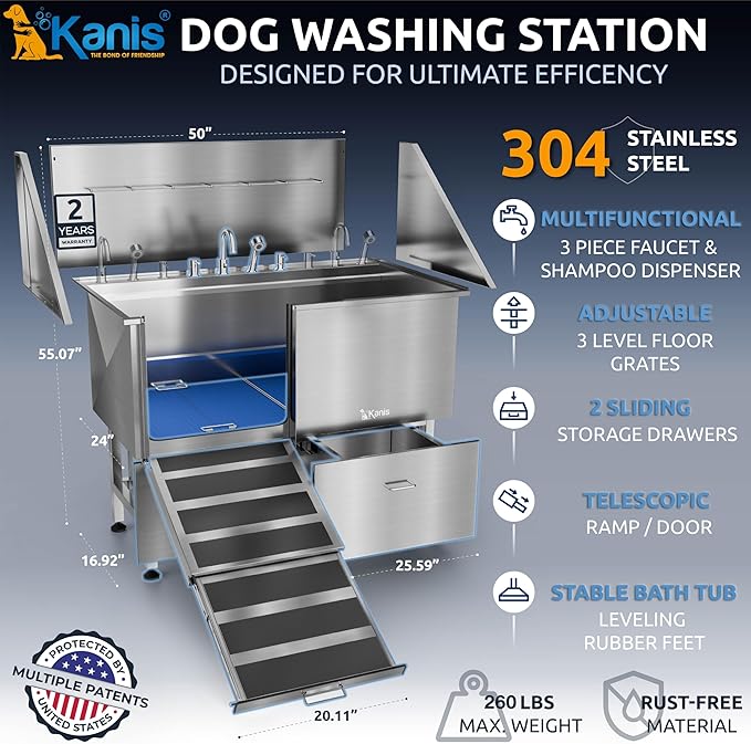 KANIS Professional Dog Washing Station - 304 Stainless Steel Pet Wash Sink & Grooming Bathtub w/Shower, Floor Grates and Storage for Large, Medium & Small Pets (50", 2 Drawers - Left Ramp)