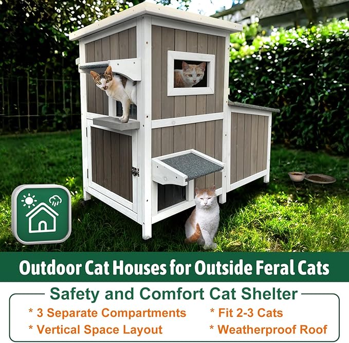 Outdoor Cat House Weatherproof, Two Story Wooden Feral Cat House Shelter with 3 Escape Door, Outside Cat Condo for Small Animals with Openable Asphalt Roof, Grey