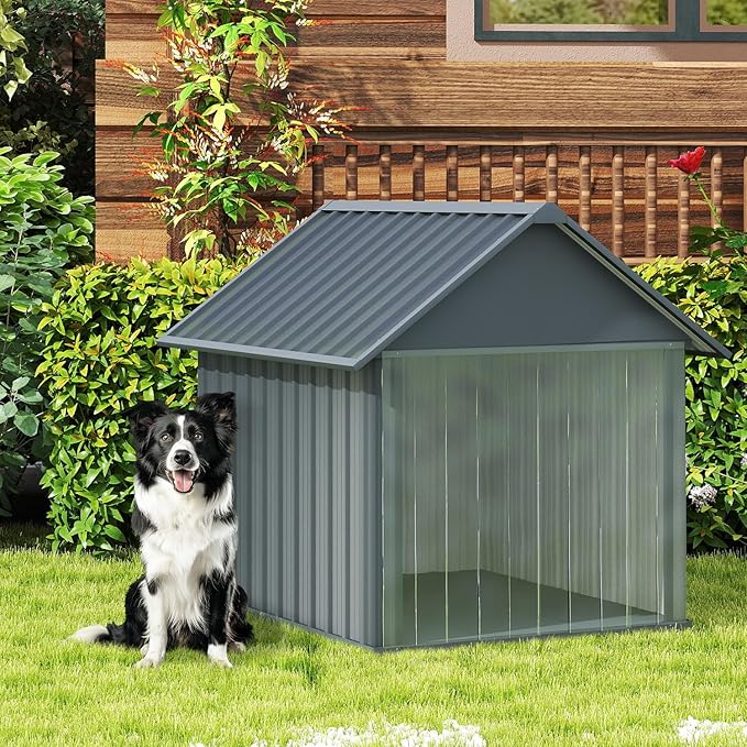 Erinnyees 45" Dog House Outdoor with Door Curtain and Weatherproof Puppy Shelter, Anti-Chewing Iron Frame, Sturdy and Long-Lasting Dog Tent for Medium Large Dogs