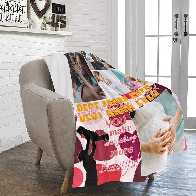 Custom Blanket with Photo for Mom, Personalized Pictures Blankets for Mother's Day, Customized Throws for Best Mom Ever Family Mother Gifts for Women Souvenirs Birthday, 6 Photo Collage