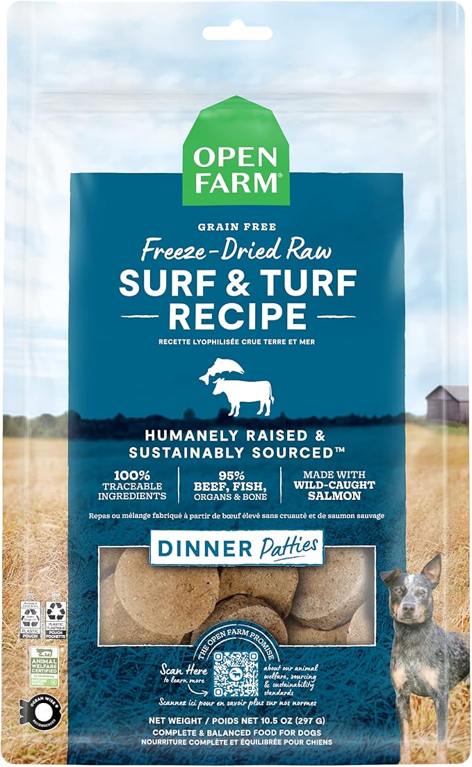 Open Farm, Freeze Dried Raw Dog Food, Patties with 95% Meat, Organs & Bone, Complete Meal or Freeze Dried Dog Food Mixer, Surf & Turf Recipe, 17.5oz Bag