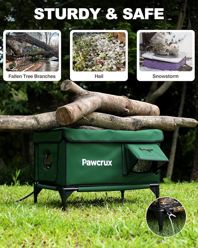 Weatherproof Heated Cat House for Outdoor in Winter, Heated Cat Bed Kitty Shelter with Cat Heating Pad, Insulated & Safe Escape Door, Warm House for Outside Stray Cat(Green, 17.6"x25.5"x17.9")