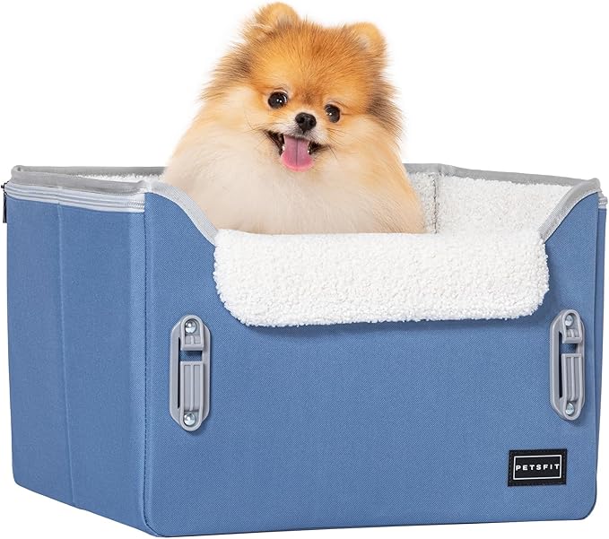 PETSFIT Dog Car Seats for Small Dogs–Patented Safety Buckles–Safety Tether–Foldable Travel Dog Booster Car Seat Reduces Anxiety & Road Trips–Stable Frame, Soft Cushion, Fits Front/Back Seat(Navy Blue)