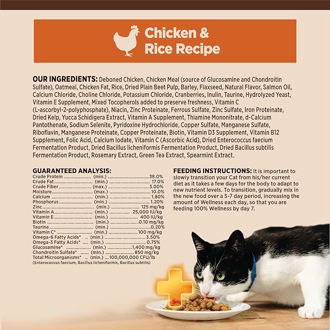 Wellness CORE+ Adult Dry Cat Food for Indoor and Outdoor Cats, Wholesome Grains, Natural, Digestive Health Chicken & Rice (5 Pound Bag)