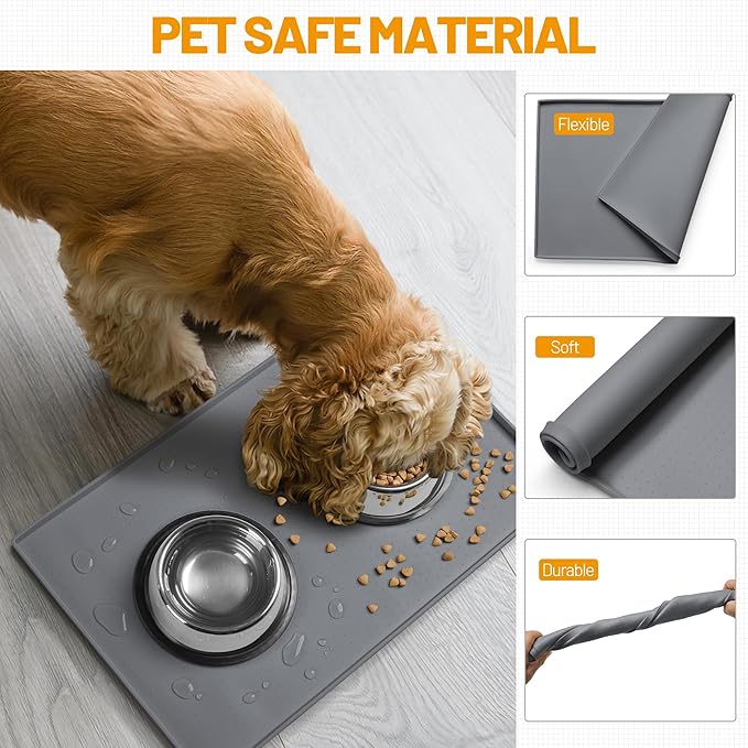 Hubulk Dog Feeding Mat,100% Waterproof Food Grade Silicone Pet Food and Water Bowl Placemat,Dishwasher, High Raised Edge to Prevent Spills,Nonslip Tray to Stop Messes on Floor (19"x12"x0.5", Grey)