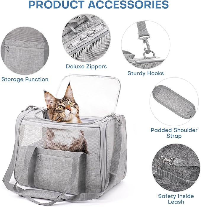 JUNGYOUN Premium Cat Carrier - Pet Carrier for Cat & Small Dogs up to 15lbs - Airline Approved Travel Dog Carrier with Anti-Escape Zippers, Collapsible Travel Bowl & Padded Strap