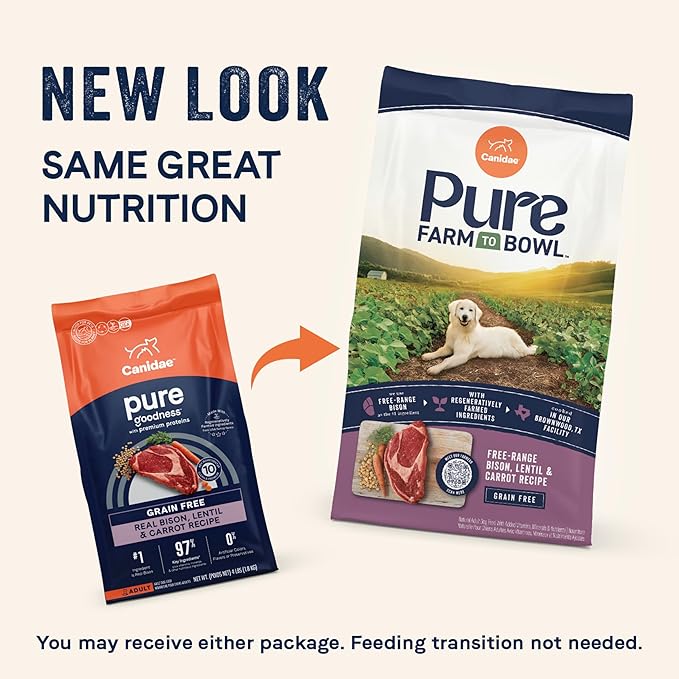 Canidae Pure Farm to Bowl Free-Range Bison, Lentil & Carrot, Adult, Grain-Free Dry Dog Food, 10lb