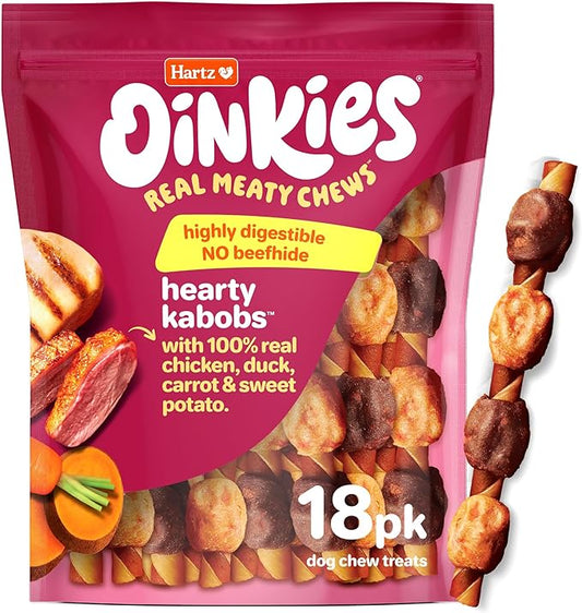 Hartz Oinkies Hearty Kabob Dog Treats with 100% Real Chicken, Duck, Sweet Potato & Carrot, Rawhide-Free, Natural Dog Treats, Highly Digestible Long Lasting Chews, 18 Count