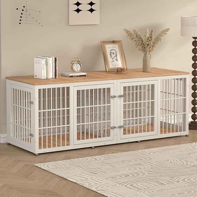 78 Inch Double Dog Crate Furniture, Heavy Duty Extra Large Cage Furniture with Divider for 2 Dogs, Decorative Wooden Kennel Indoor, Pet House for Large and Medium Dogs, White