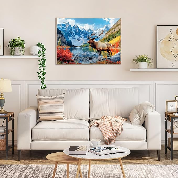 Puzzles for Adults 1000 Pieces, Majestic Elk in Mountain Lake Fall Landscape Puzzle with Letters on Back, Nature and Wildlife Jigsaw Puzzle for Relaxation, Gift for Game Night(28"x20")