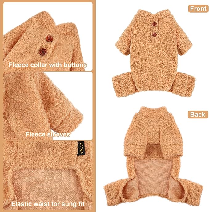 Dog Sweaters for Small Dogs Winter Dog Pajamas Sized Dogs Boy Girl Fleece Pet Clothes Puppy Outfit 4 Legs Jumpsuits for Chihuahua Yorkie Cat Apparel (Khaki, X-Small)