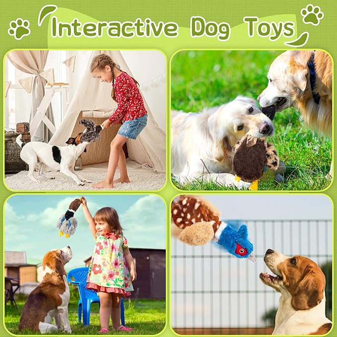 Pheasant (Bird) Dog Squeaky Toy for Aggressive Chewers - No Stuffing Chew Proof Plush with 4 Squeakers & Crinkle Wings, Durable Puppy Toys for Small Medium Large Dogs (Blue & Brown)