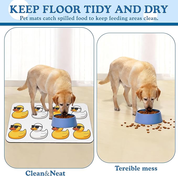 Cute Ducks Glasses Pet Feeding Mat for Floors–Absorbent Quick Dry Dog Cat Bowl Mat for Food and Water, Non Slip Waterproof Base, Mess-Free Feeding Accessories 16"x24"