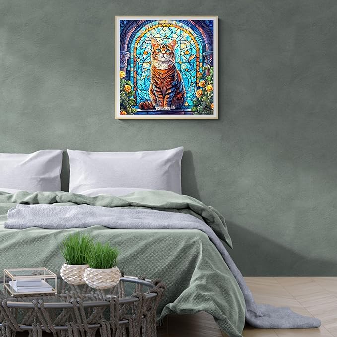 KAAYEE Wooden Puzzles for Adults, Stained Glass Cat 200 Piece Unique Animal Shape Puzzle, Cat Wood Puzzle for Adults, Creative Gifts for Friends/Family, Home Decor(11.4 * 11.3in)