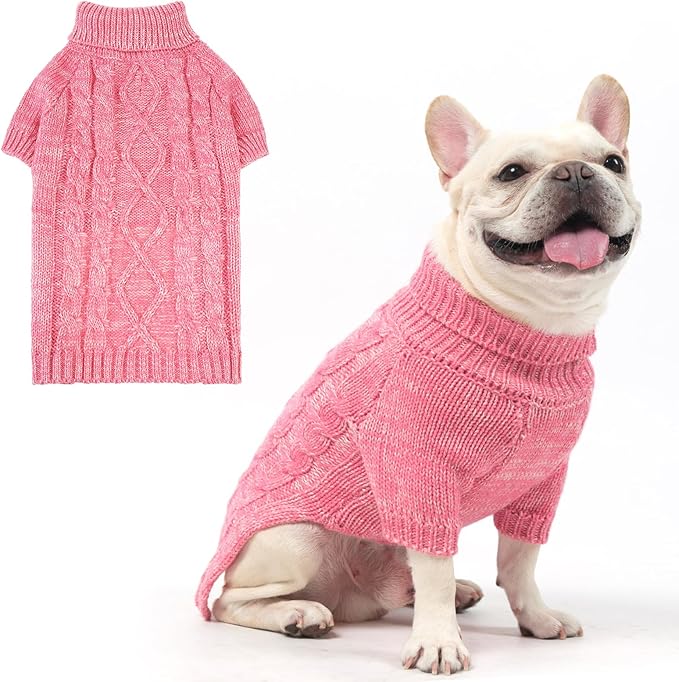 KOOLTAIL Dog Sweater for Large Medium Small Dogs, Fall Dog Sweaters, Turtleneck Cable Knitwear Pet Cold Weather Coats with Leash Hole, Warm Winter Pullover Clothes for Bulldog, Yorkie,Boy Girl, Pink M