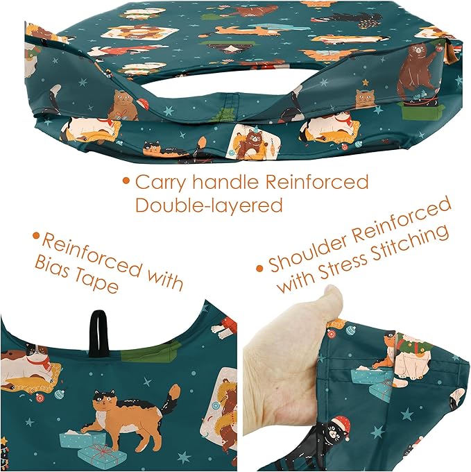 BeeGreen Christmas Cats Reusable Grocery Bags 6 Pack Cats Reusable Shopping Bags Bulk with Elastic Band Foldable-Machine Washable Christmas Gifts Tote Bags Animals Pattern
