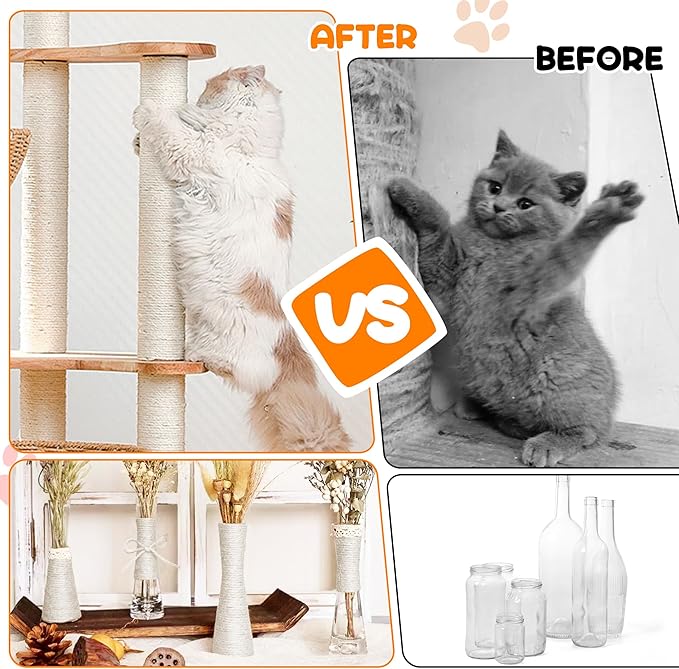 262FT/80M Cat Scratching Sisal Rope, 6mm Thick Natural Jute Rope for Scratch Posts, Cat Trees, DIY Projects, Sisal Rope for Cat Scratcher with 2 Cat Mouse Toys (White, 262ft)