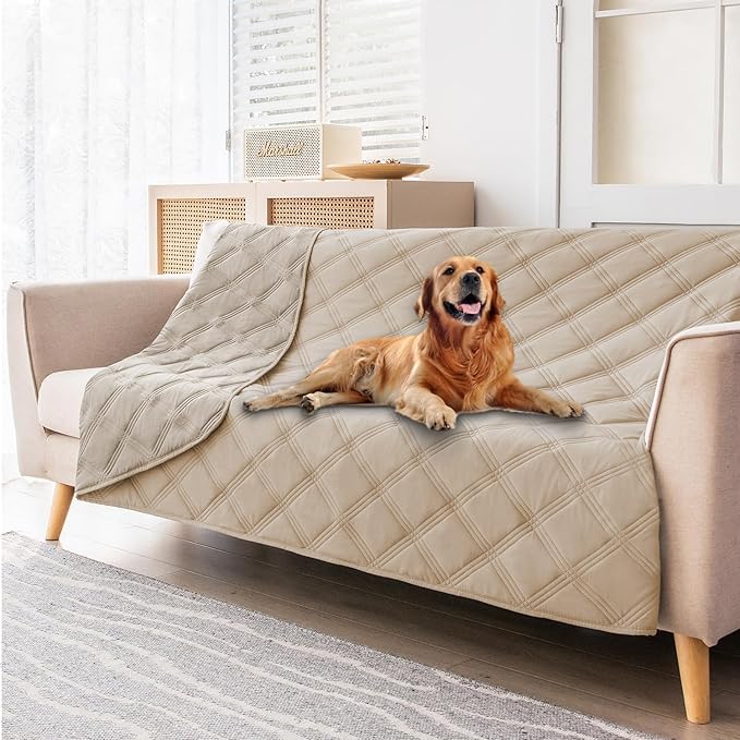 fuguitex Waterproof Dog Blanket Reversible for Small Dogs Resistant Leakproof Washable Couch Cushion Bed Protector Cover for Indoor Furniture Pet Friendly（52"*82",Beige+Khaki