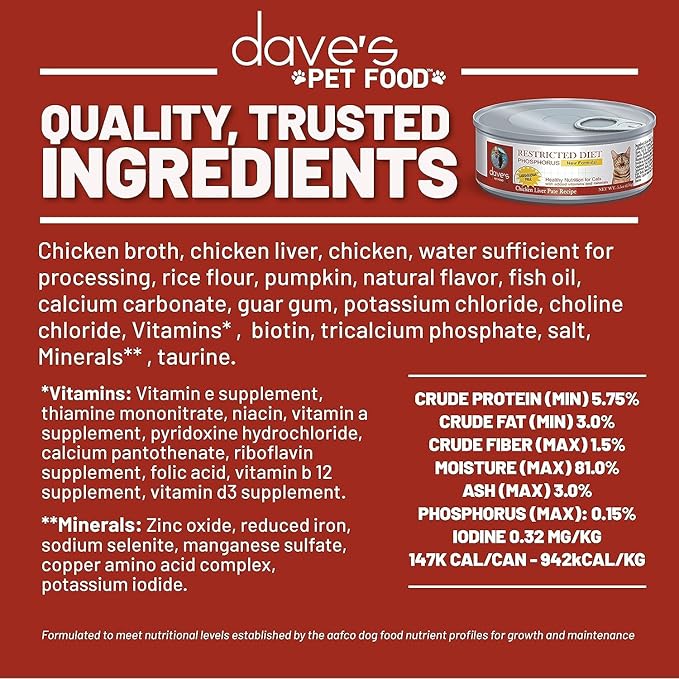 Dave's Pet Food Kidney Support Wet Canned Cat Food for Renal Health (Chicken Liver & Chicken Pate), Non-Prescription Low Phosphorus Restricted Diet 5.5 oz,(24 Pack)